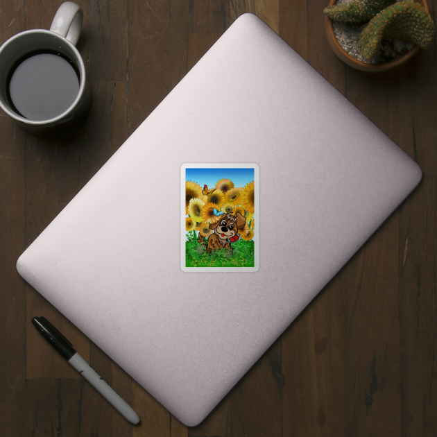 Cute puppy with butterflies in a sunflower field by cuisinecat